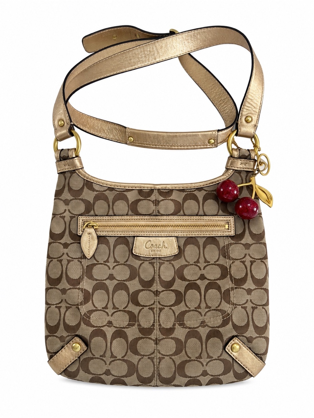 Coach Brown Signature Jacquard Crossbody with Gold Hardware and Red Cherry Charm